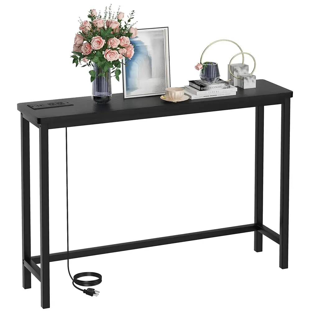 

Console Table With Power Outlet And Usb Ports, Entryway Table, Narrow Sofa Table, 39"" Bamboo Skinny Hallway Table For