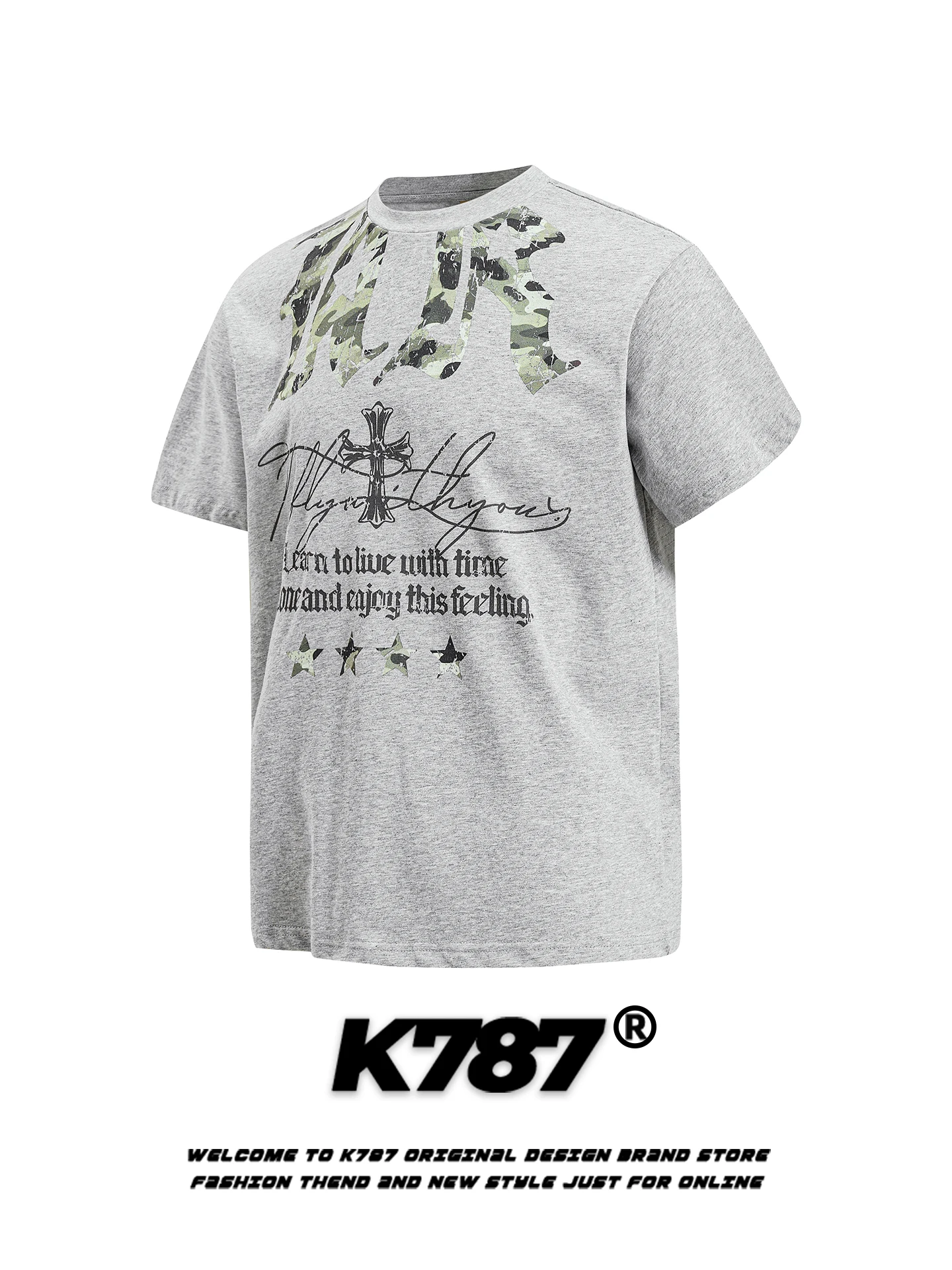 K787 American Retro Camouflage Print Street Loose Fit ex ort Sve T-irt Couple's f Sve Overhead Casual Top