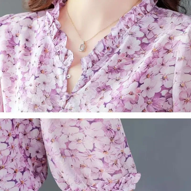 2024 Spring/Summer Women\'s New V-neck Pullover Printed Button Fashion Versatile Loose Middle Sleeve Thin Chiffon Shirt Tops