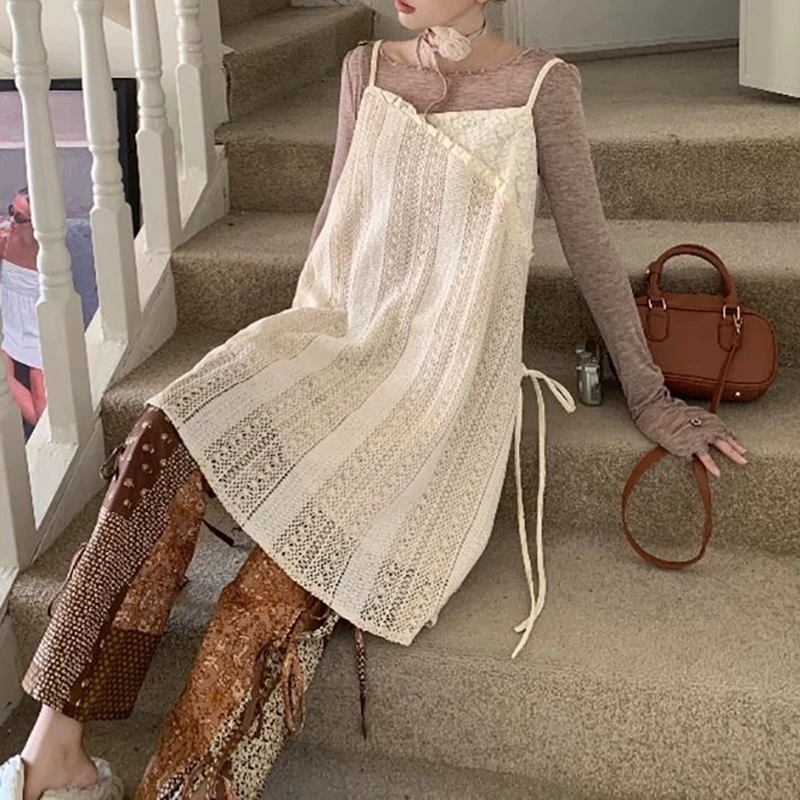 Frühling Herbst Unregelmäßige Einteilige Beige Spitze Ärmelloses Kleid Frauen Cover Up Layered Kurze Mini Slip Kleid Nette Hosenträger Kleid