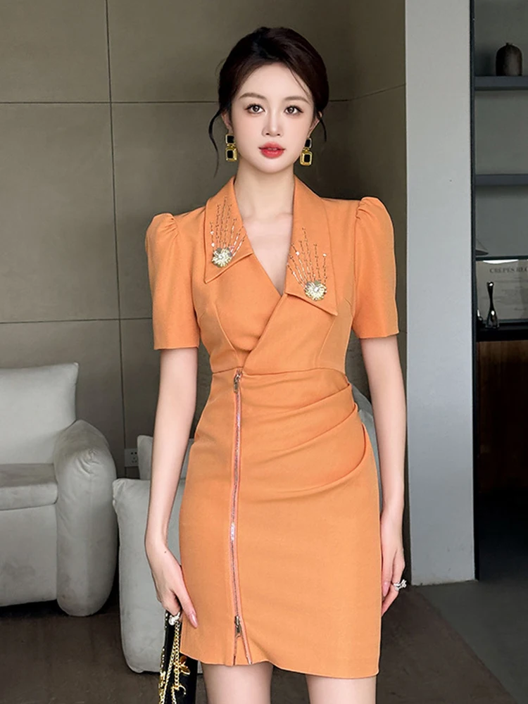 Elegant Temperament Professional Mini Dress Women Sweet Orange Diamond Flowers Tight Zipper Folds Gown Femme OL Party Vestidos