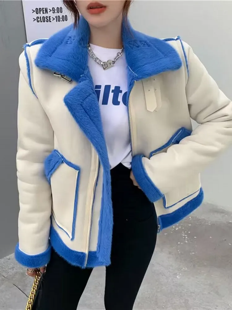 Women Fashion Thick Warm Faux Leather blue Shearling Jacket Coat Vintage Long Sleeve Flap Pocket Female Outerwear Chic Tops