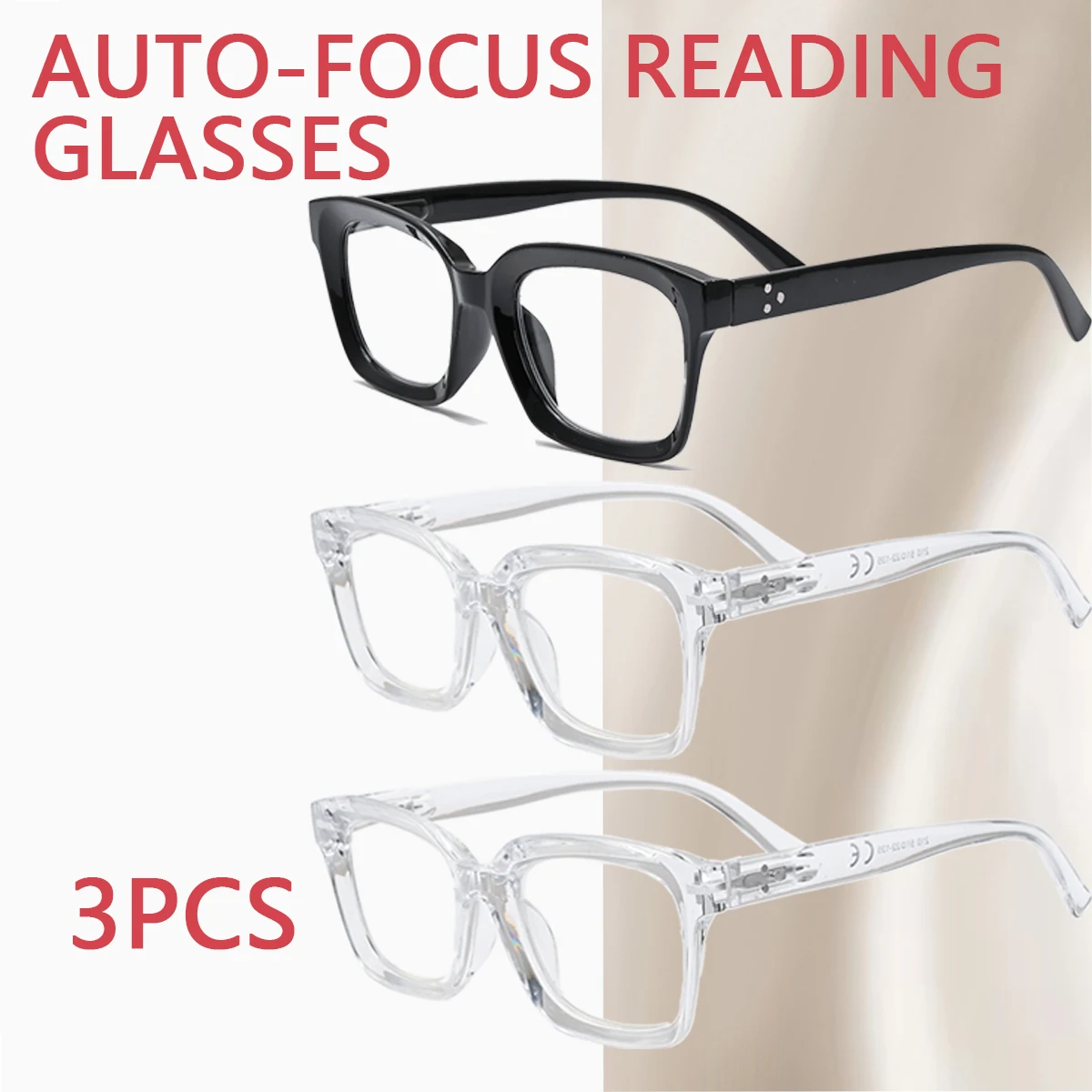ブルーライトブロック付きオートフォーカス老眼鏡 3 個 – 太字スクエアフレーム、ブラック/ホワイトオプション、ユニセックス高品質レンズ