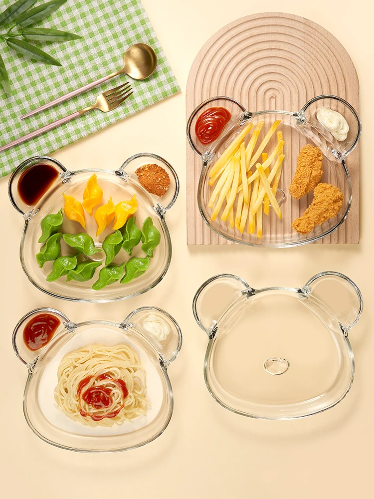 Glass Partition Plate Household Dumpling Plate with Dipping Sauce Plate Seafood Shrimp Fat Reducing Split Meal Flat Plates