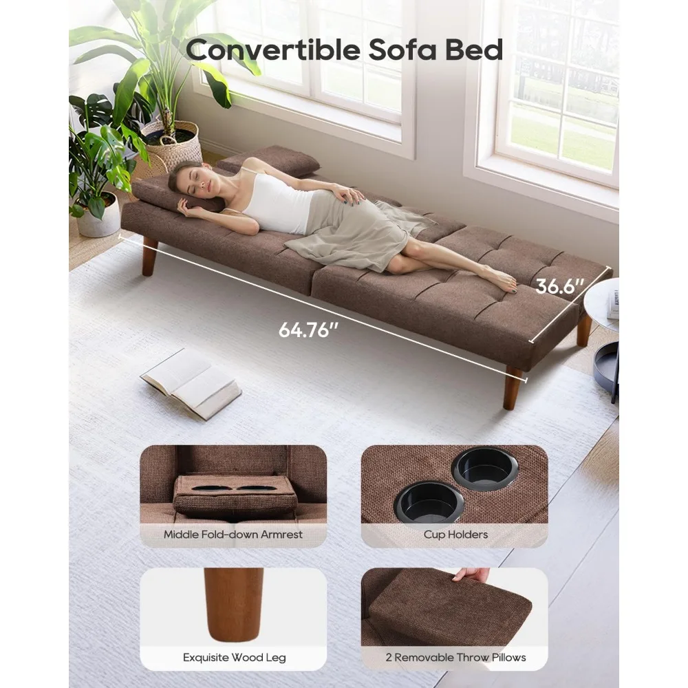 Sofá cama convertible de tela de 65 pulgadas con portavasos dobles, patas de madera, cómodo sofá cama para sala de estar