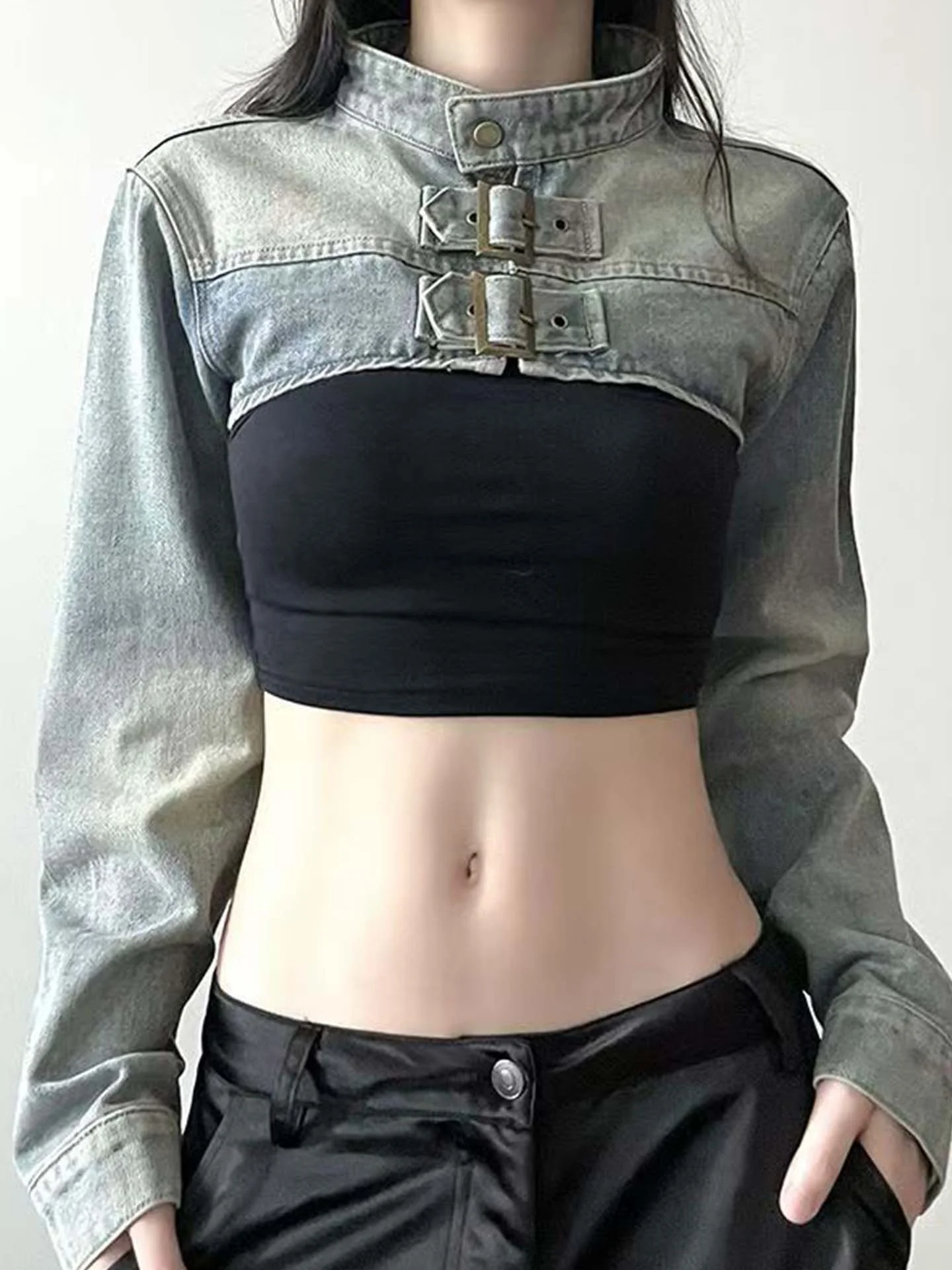 

Джинсы Cool ort Jaet для женщин, хип-хоп, уличные танцы, воротник-стойка, универсальная верхняя одежда, облегающий джинсовый топ