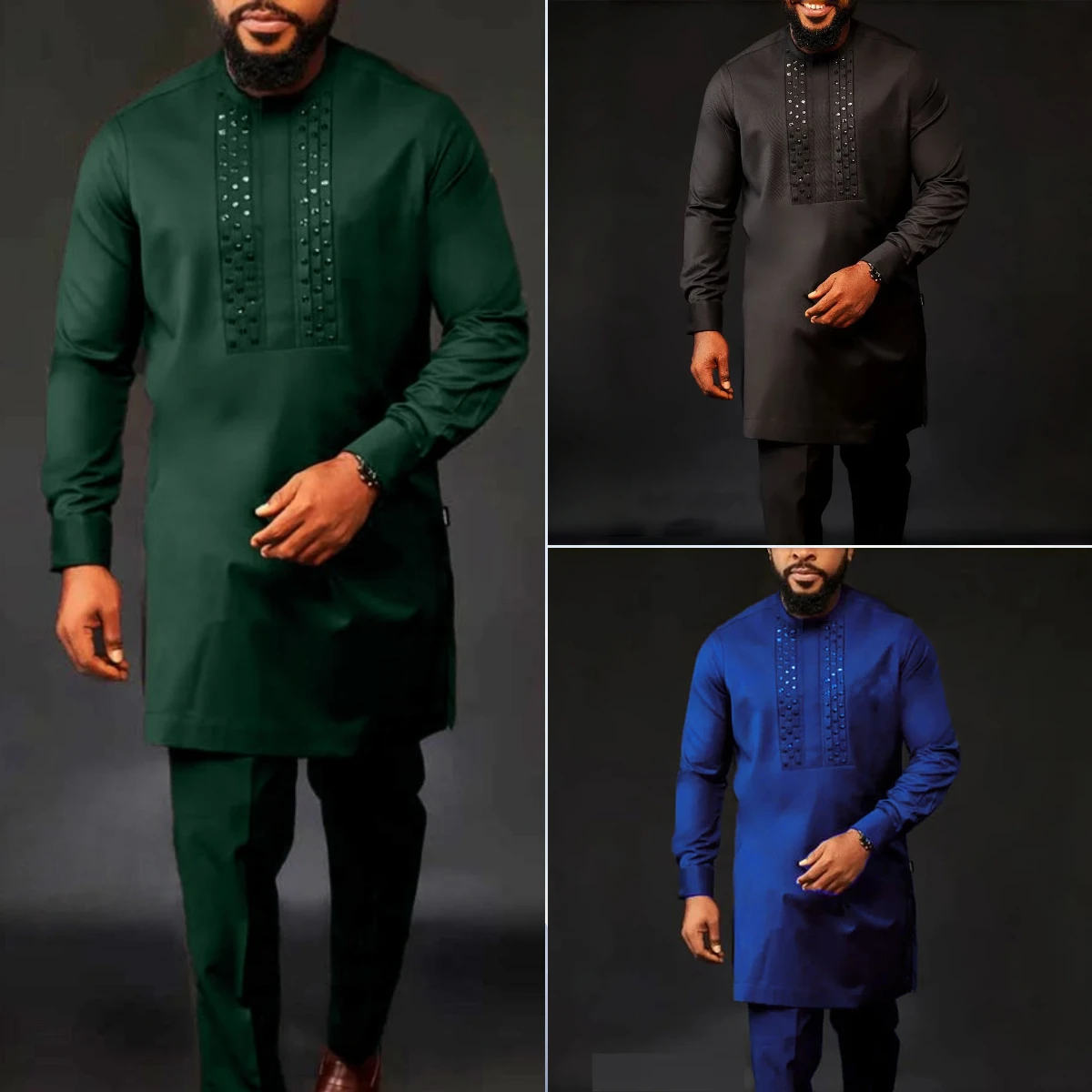 Novo Conjunto Dashiki de 2 Peças Abaya Roupa Masculina Camisa e Calça Manga Longa Estilo Étnico Africano Elegante Gola Redonda com Strass Kaftan