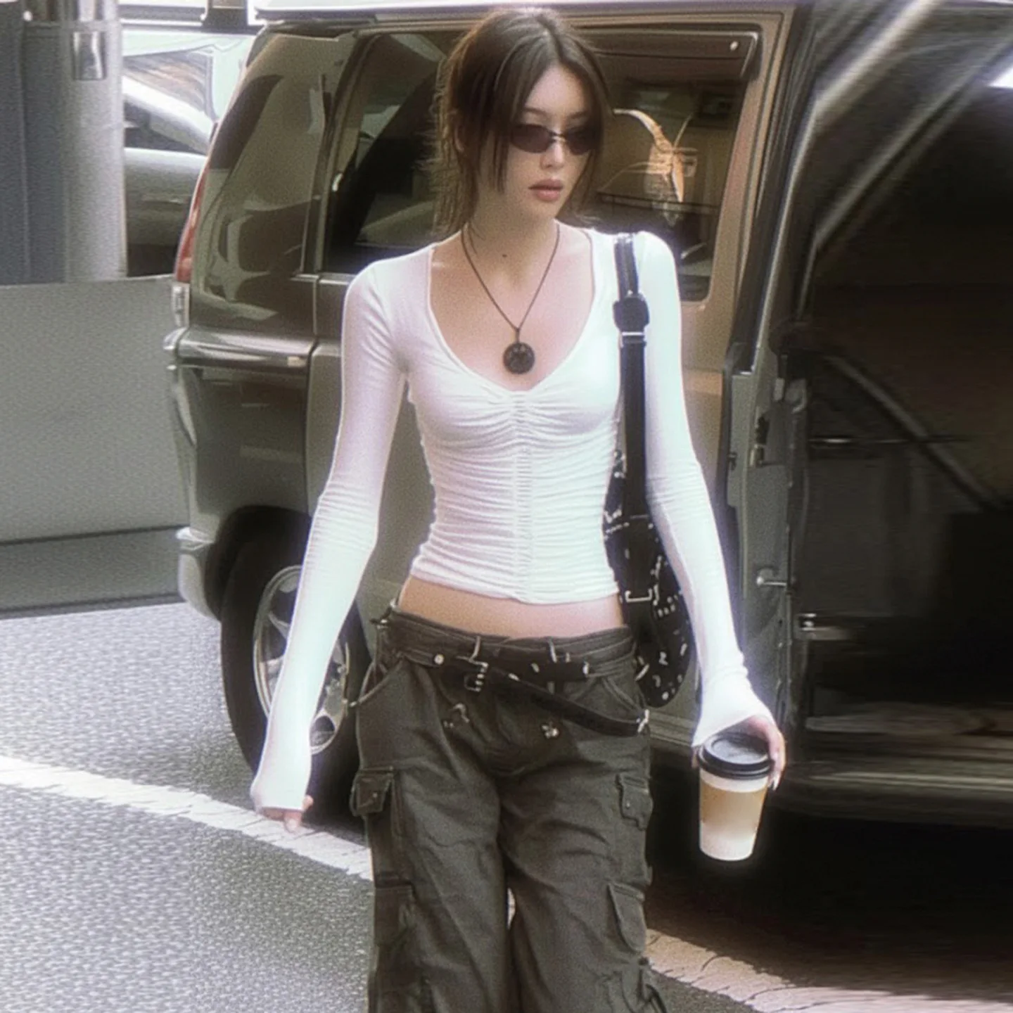 

Women Base Layer Crop Top 2025 New Basic Versatile T Shirt V Neck Pleated Detail Slim Fit Waist Cinched Long Sleeve Top