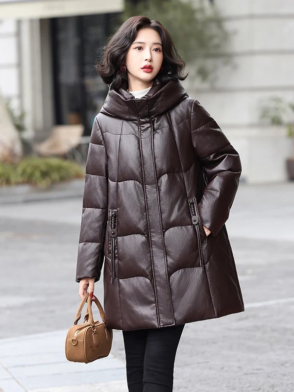 本革ダウンジャケット レディース ミディアム丈 2025年冬新作 人気新モデル 海寧レザーコート アウター