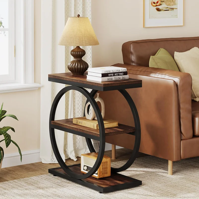 #   Tavolino Laterale in Ferro Battuto e Legno Massello Stile Americano, Nuovo Mobiletto Laterale per Divano, Tavolino da Caffè, Tavolino Contenitore per Soggiorno