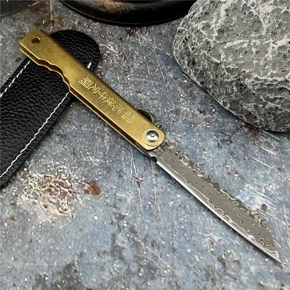 NEW Japanese Mini Folding Knife Made of VG10 Damascus Steel Copper Handle Outdoor Camping and Fishing Tool for Daily Carry