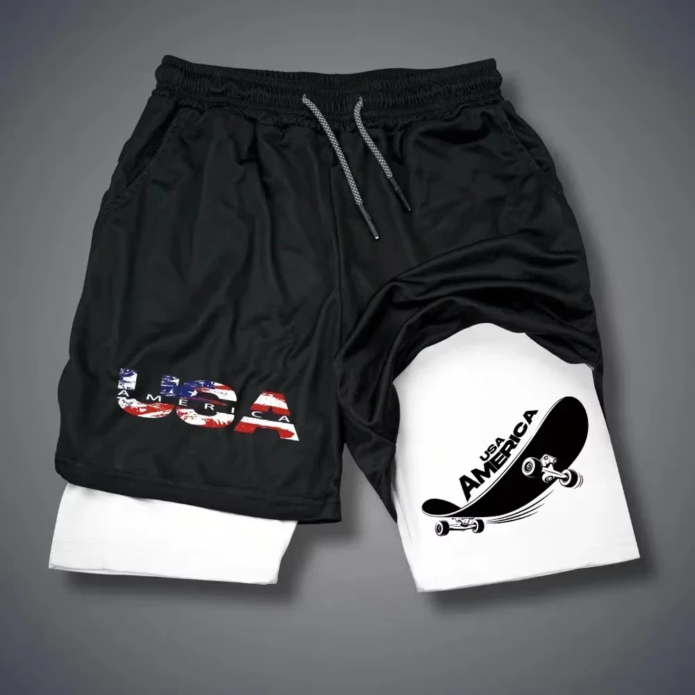 2025 الإبداعية الكتابة على الجدران الطباعة الرجال رياضة اللياقة البدنية الرياضة مزدوجة تنفس السراويل موضة عادية 2 في 1 السراويل خط M-3X