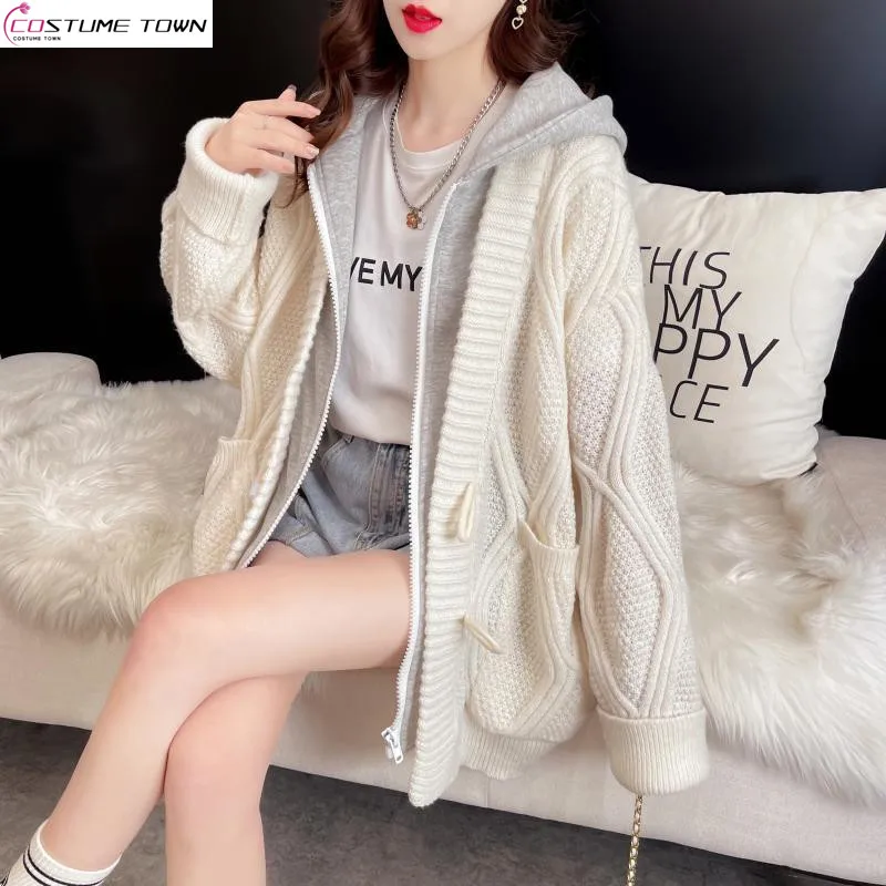 Fake Two Women\'s Hooded Sweaters Autumn/Winter New Fashionable Medium Long Thick Knitted Jacket