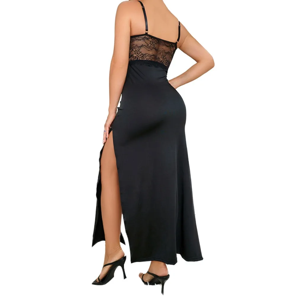 Mode Geborduurde Kant Stiksels Hoge Split Sexy Tas Heup Taille Temperament Jurk [met stalen ring en geen borstkussen]