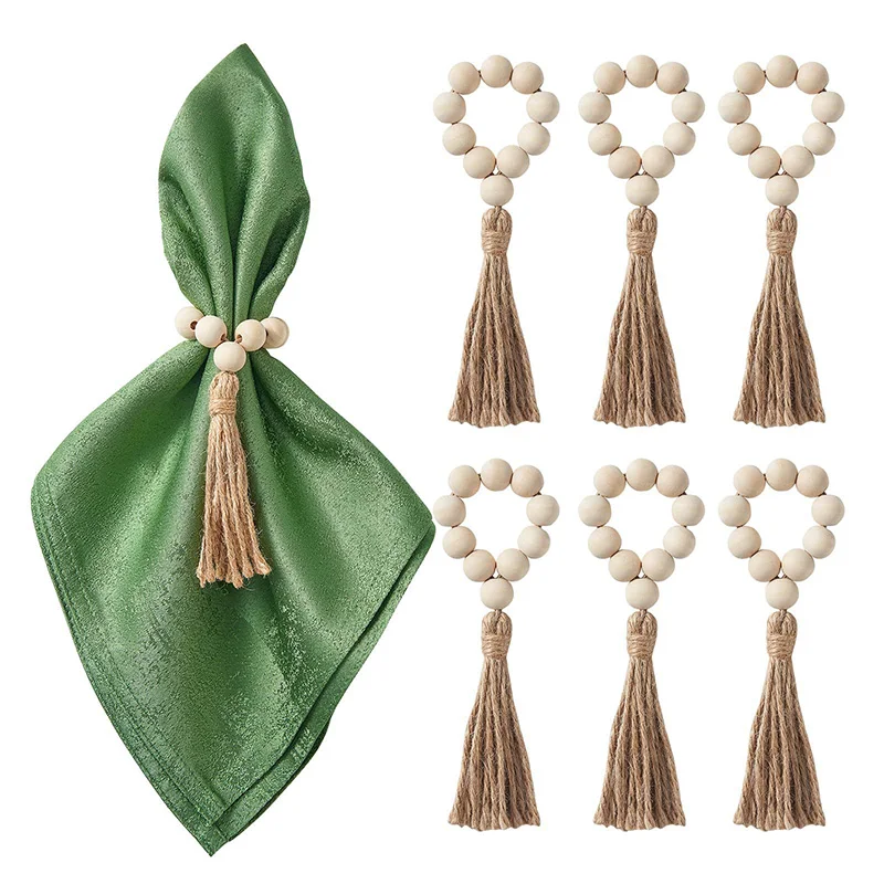 20pcs Wood Bead Napkin Rings Garland With Tassels Beads Rustic Country Table Napkin Holder Weddings Home Decor