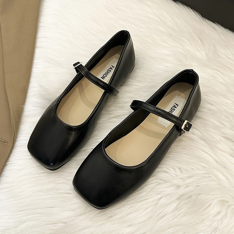 Autumn Winter Designer Mary Janes Shoes for Women Fashion Casual Square Head Flats Ladies Solid Color Buckle Leather Shoes Woman