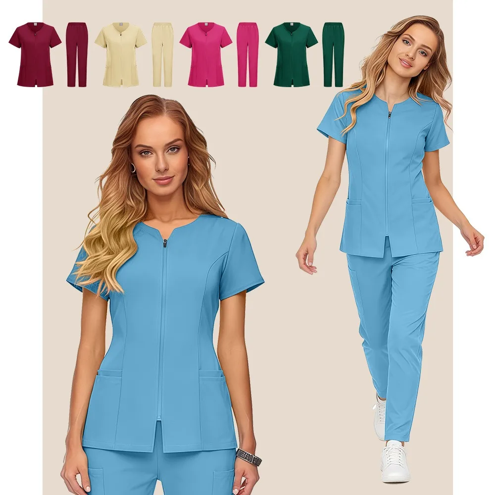 

Wholesale Medical Scrub Set Spandex Stretch Nurse Scrub Beauty Spa Uniform Healthcare Nursing Pharmacy Lab Coat Clinical Uniform