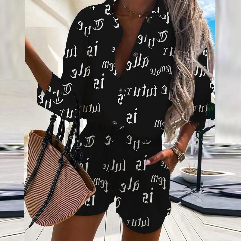 Two Piece Set Women Summer Casual Print Suit Short Sleeve Shirt Streetwear Shorts Sets Y2k 2022 Jogging Loose Sportswear Joggers