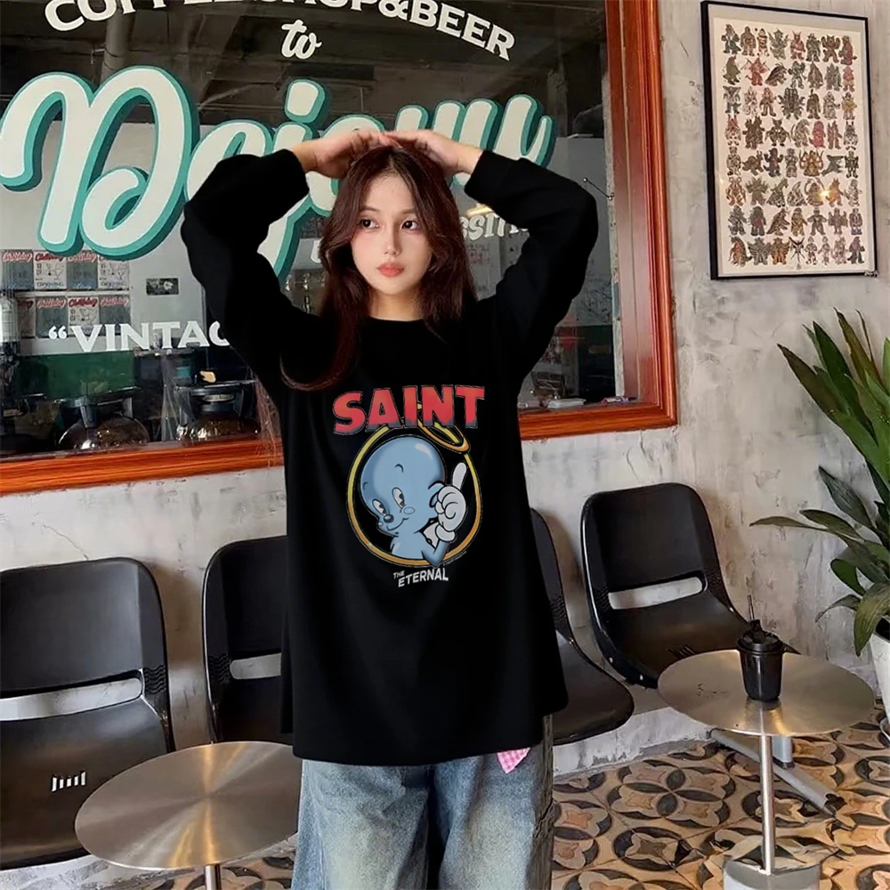 Cartoon Angel Print SAINT Long Sleeves T Shirt Men Women Unisex Cotton Oversized Tee Tops T-Shirt With Tags