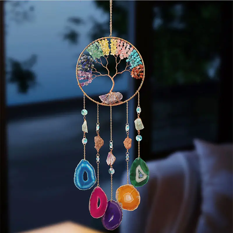 Colore albero della vita ornamenti appesi per la stanza pietra preziosa agata naturale 7 Chakra Crystal Healing Suncatcher decorazione della finestra di casa