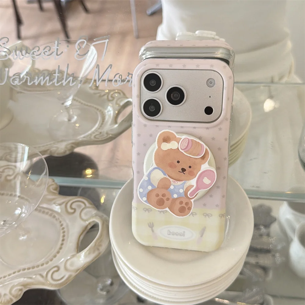 Cute Bear For MagSafe Phone Case For iPhone 15 16 17 Pro Max Sweet Star Bow Grid Pattern Cover Cartoon Bear Shockproof Shell
