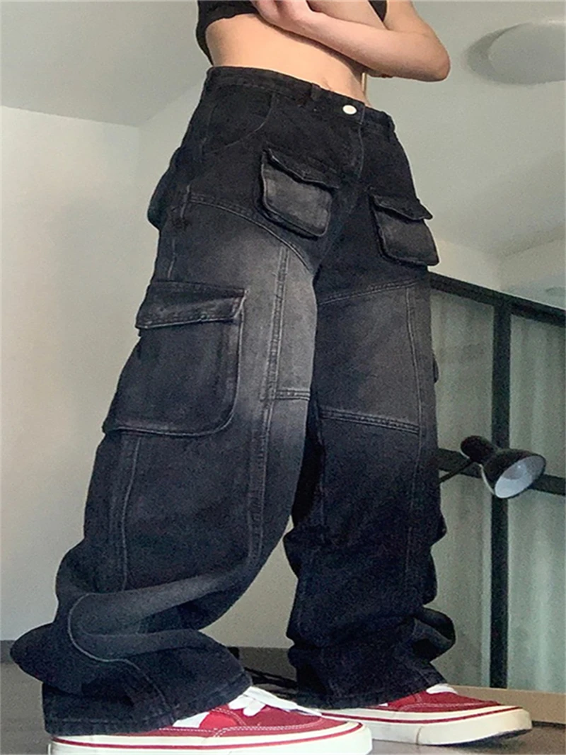 스트릿웨어 데님 카고 팬츠 가을 여성 하이웨이스트 멀티 포켓 스트레이트 진 카우보이 캐주얼 청바지 데님 팬츠