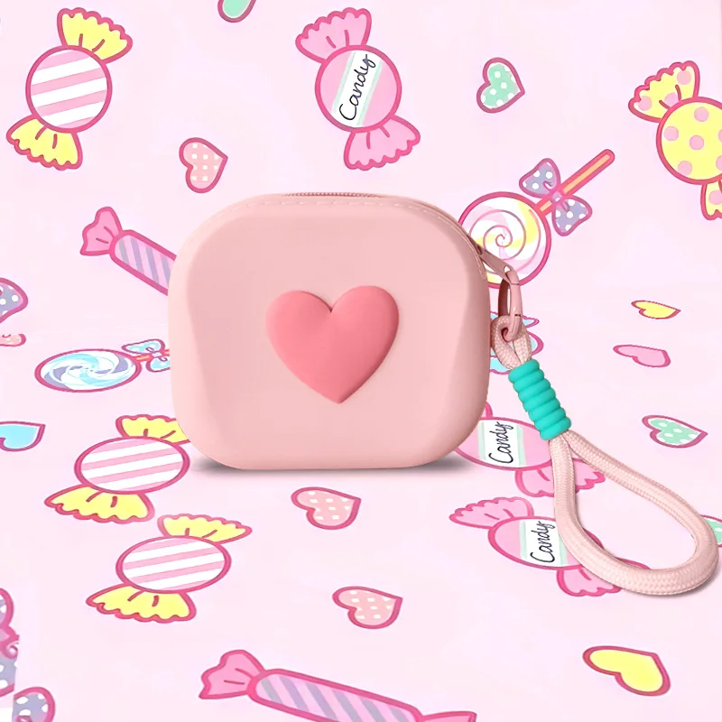 

Simple Cute Heart Design Mini Zipper Pouch with Lanyard, Portable Silicone Coin Purse for Keys, Lipstick,Bluetooth Earbuds Case