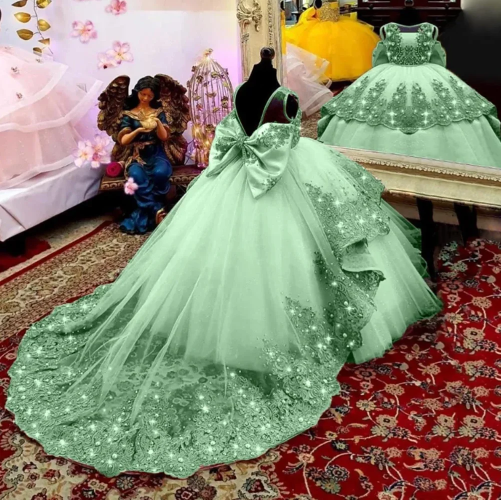 Abito da ragazza di fiori per bretelle da sposa con fiocco abito da ballo in raso per bambini compleanno prima comunione vestito da festa