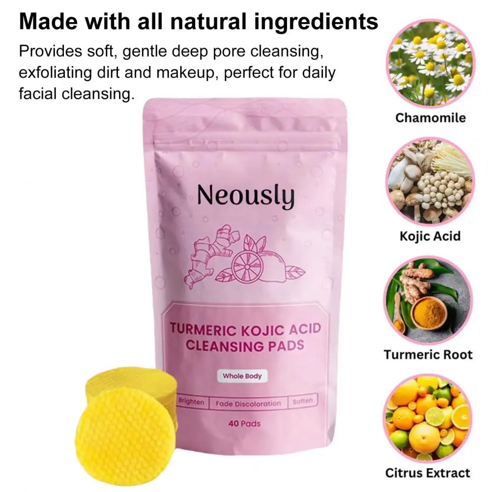 40/80 Pcs Face Cleaning Pads Neously Kojic Acid Pads Deep Cleansing Turmeric Pads Natural Ingredient Exfoliating Face Scrub Pad