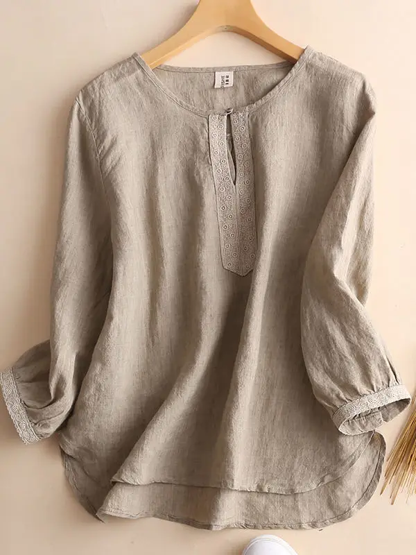 

Japanese Sle Cotton Linen irt Embroidered Pure Linen Top Women's Loose Fit Summer Casual Faion ort Sve round Ne