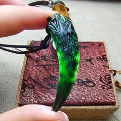An authentic black jade domineering peak pendant, men's dark green jade double-sided dragon tooth necklace.