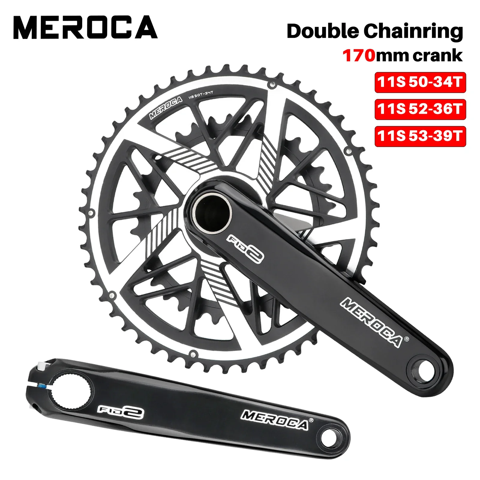 MEROCA Road Bike Crankset 9/10/11 Speed Direct-Mounted Double Chainring 50t-34t/52t-36t/53t-39t Aluminum Alloy Road Crank 170mm