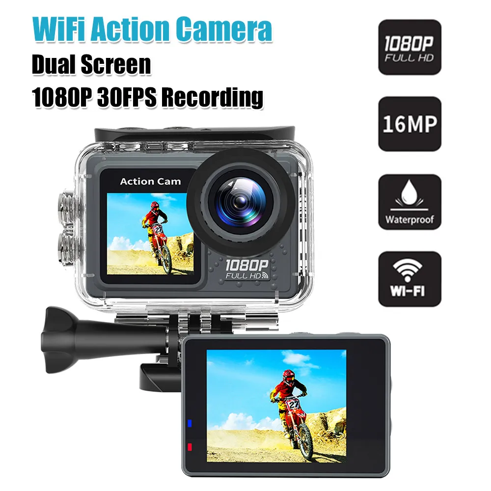 

Экшн-камера с Wi-Fi, запись видео 1080P 30FPS, угол обзора 120° ° Широкоугольный видеорегистратор для занятий спортом с комплектом аксессуаров