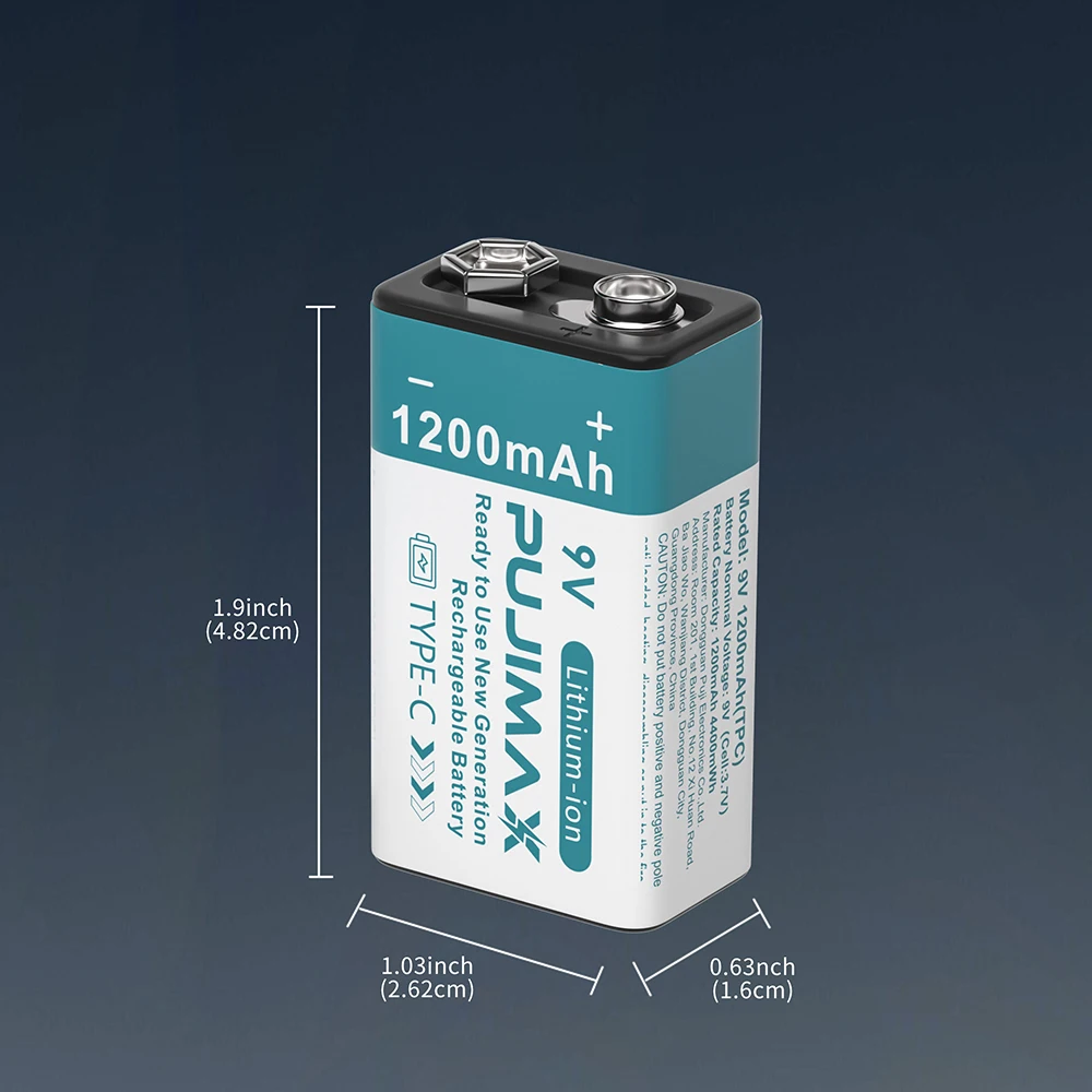 PUJIMAX USB 9 فولت بطارية قابلة للشحن 1200 مللي أمبير نوع-C قابلة للشحن 9 فولت بطارية ليثيوم أيون لنموذج طائرة هليكوبتر متعدد إنذار الدخان #6