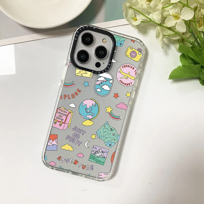 Ins Globe Airplane Sticker Clear Case For Iphone 11 14 15 Pro Max Silicone Soft 12 13 Mini 7 Plus X XR XS Max Shockproof Cover