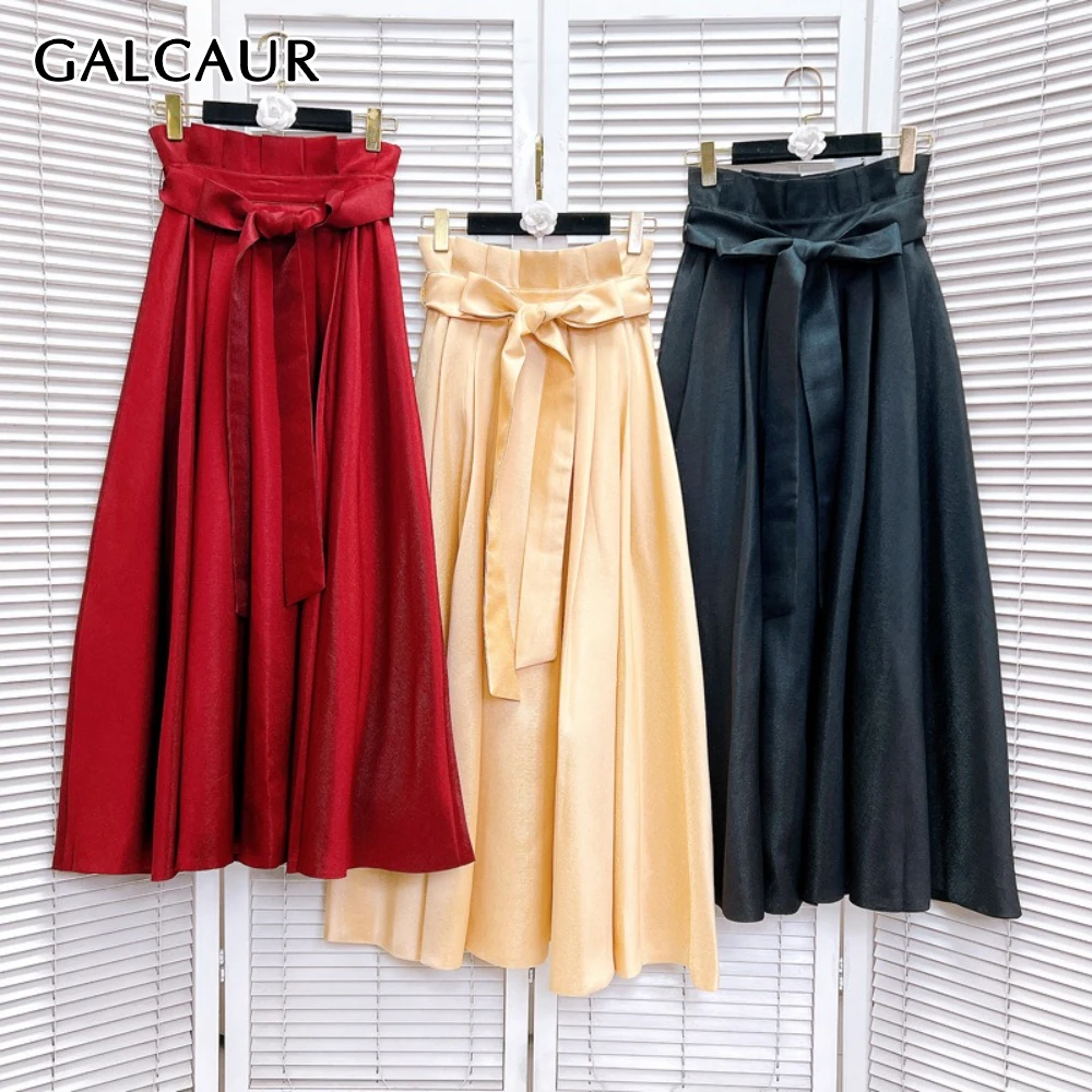

GALCAUR Solid Spliced Bow Female Basics Skirt High Waist Loose Temperament Elegant Women's Long Skirts Autumn Fashion New Style