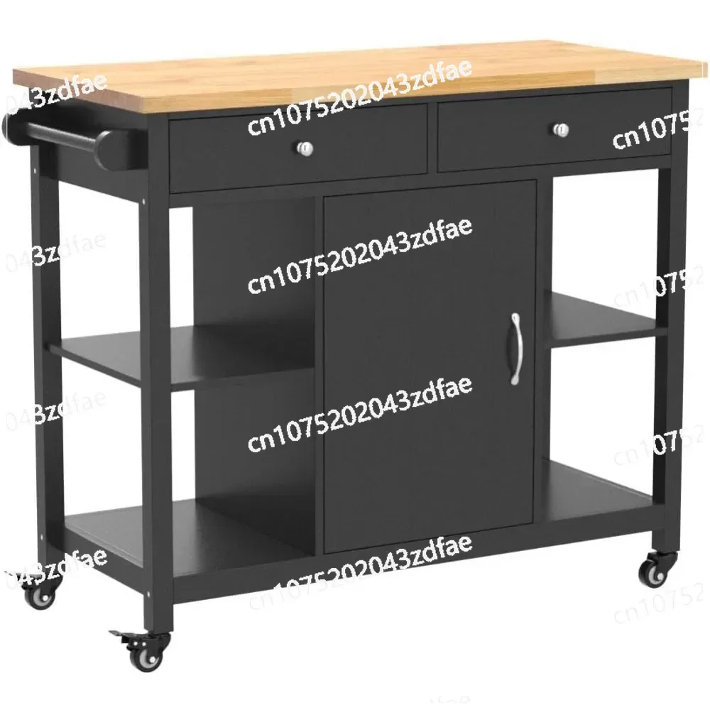 Kitchen Islands on Wheels with Wood Top, Utility Wood Movable Kitchen Cart with Storage and Drawers, Black