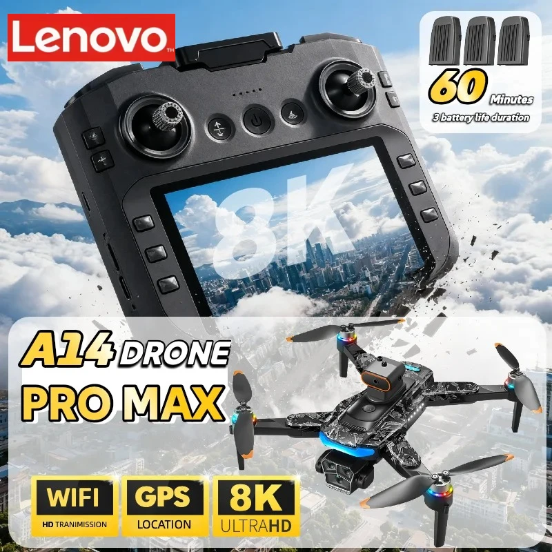 Dron Cuadricóptero Plegable Lenovo A14 Pro Max GPS sin Escobillas 8K con Tres Cámaras, Evitación de Obstáculos y Pantalla, Juguete RC de Largo Alcance