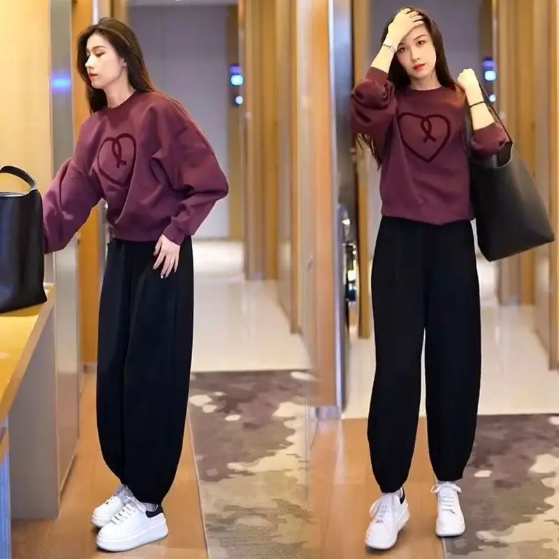 Women's 2024 Autumn Winter New Casual Suit Light Luxury And High-end Clothing Round Neck Sweatshirt Top Harlan Pants 2 Piece Set