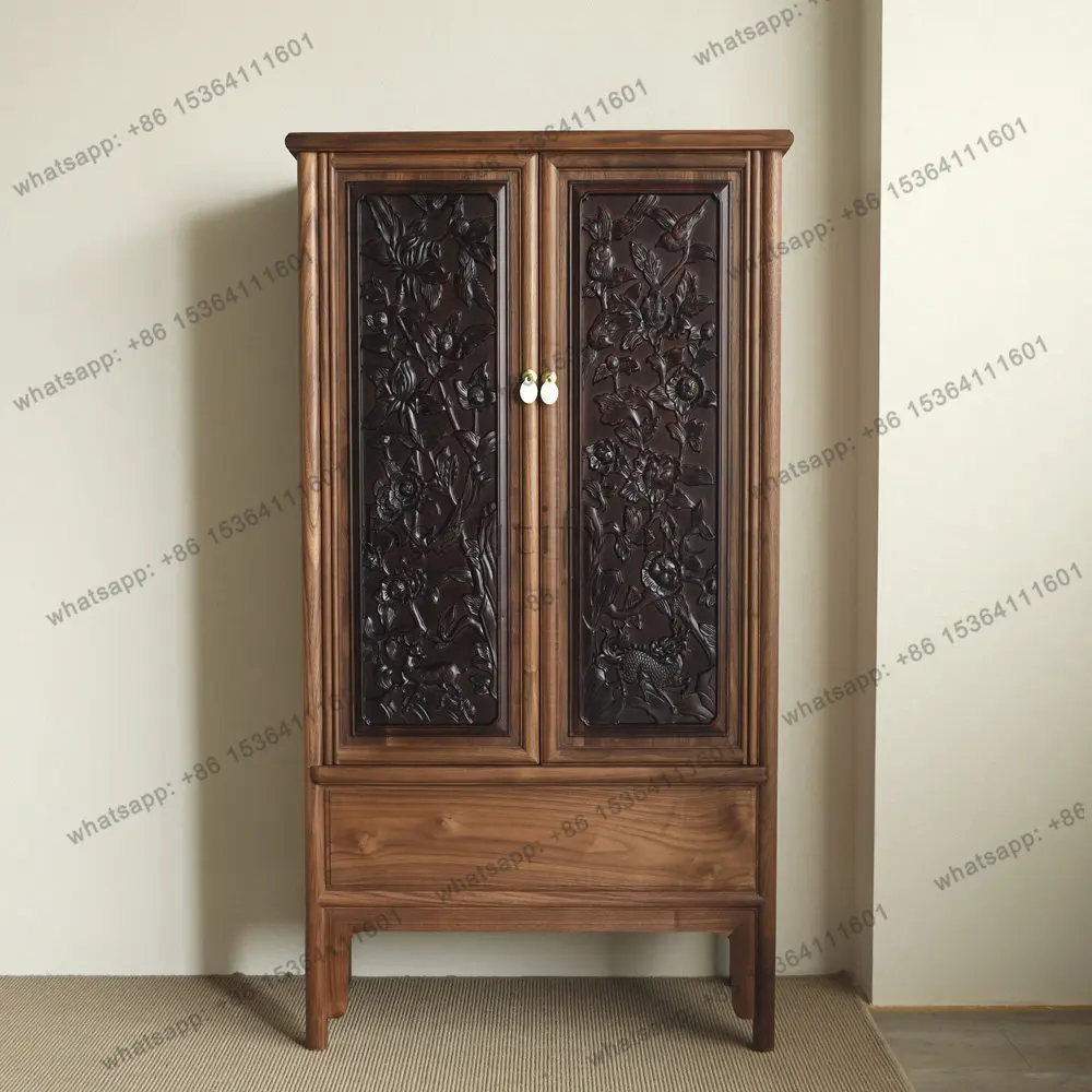 

New Chinese-style carved Ming-style rounded corner cabinet solid wood black walnut old wardrobe study tea room furniture
