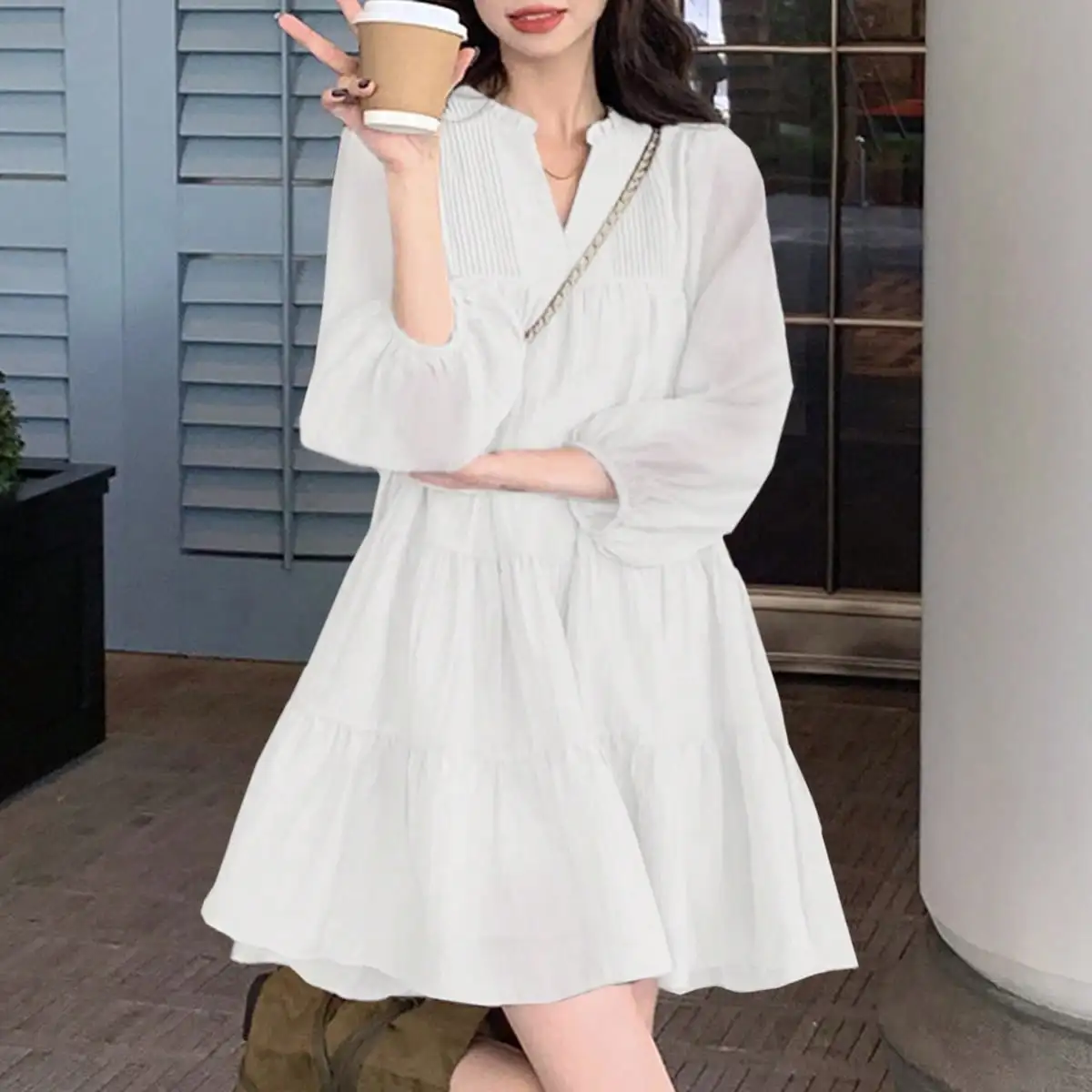 South Korea's Dongdaemun Summer French White Half-Open Collar Three-Quarter Sleeve Dress Petite Fairy Beach Skirt for Women