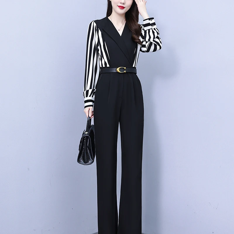 Korean Elegant Striped Patchwork Jumpsuit Women Summer High Waist Long Sleeve Jumpsuits Combinaison Femme Overalls