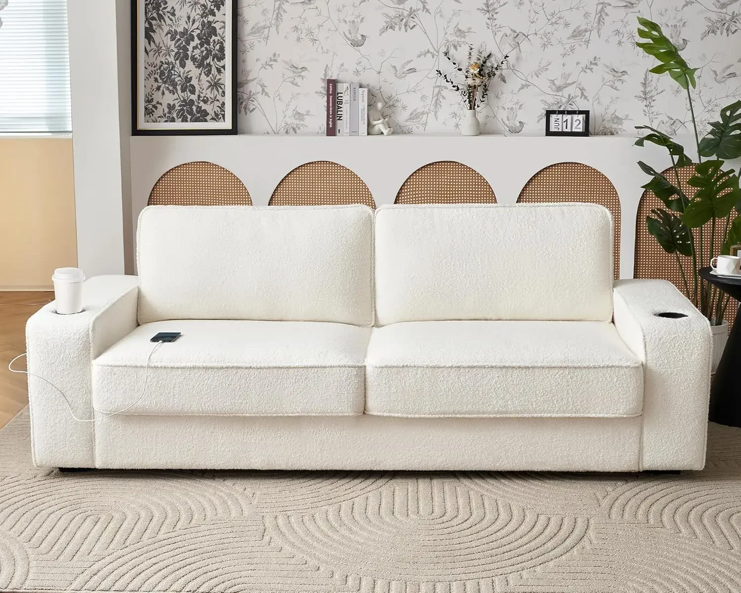 Modern Sofa, 89in Comfy Couch with Cup Holders & USB Charging Ports, Offwhite Bouclé Couch- Deep Seat Sofa Couch for Living Room