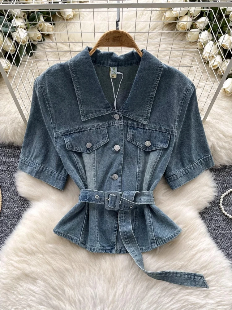 High Street Vintage Denimเสื้อเข็มขัดSlim Top 2025 ฤดูร้อนเสื้อโปโลแขนสั้นElegant OLคาวบอยสั้นเสื้อผู้หญิง
