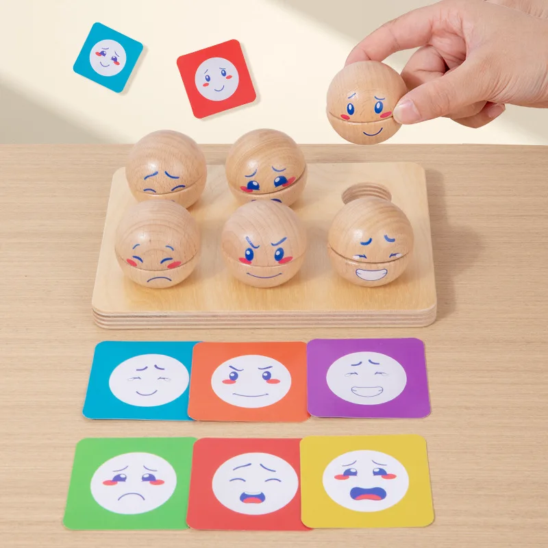 Wooden Emotion Matching Block Ball Toys Montessori Expression Sorting Toys for Toddlers Fine Motor Training Educational Puzzle