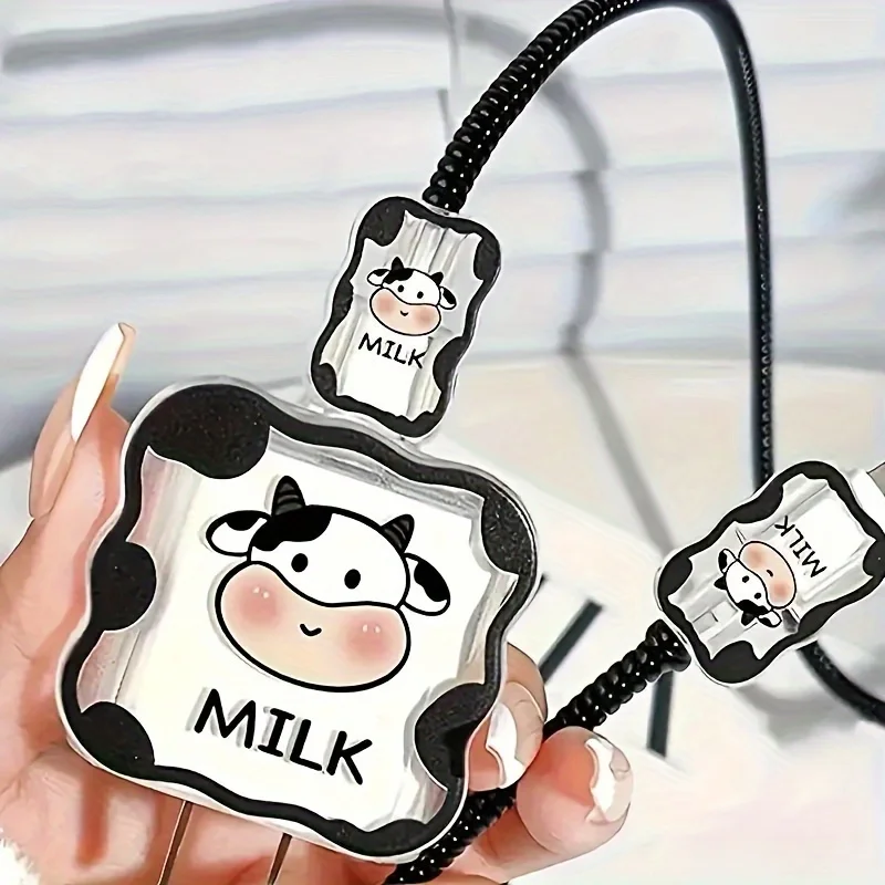 5pcs Cute Cow Design Charger Protective Case for iPhone Fast 18W/20W Charger Head Shell, Wrapped Wire for Preventing Breakage