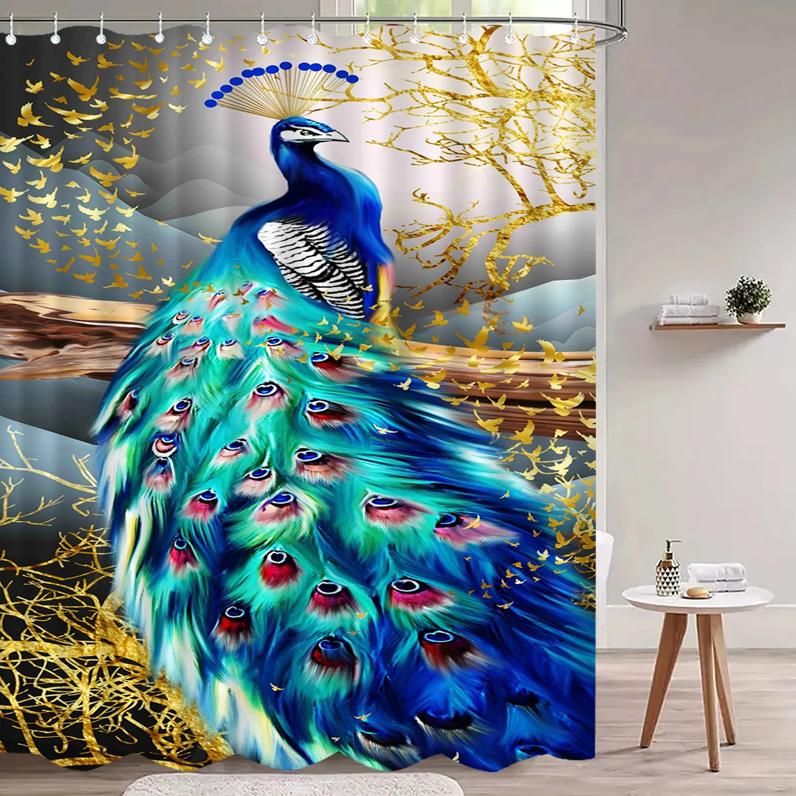 Peacock Shower Curtain Blue Gold Feather Art Elegant Bird Decor Luxury Bathroom Waterproof Fabric Bath Curtain Set Home