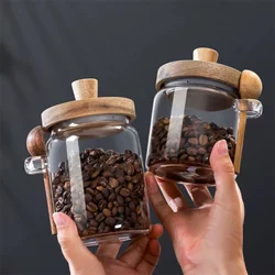 Coffee Bean Storage Jar Glass Sealed Containers Grains Jar with Wood Spoon Clear Spice Jars Kitchen Moisture-proof Storage Tank