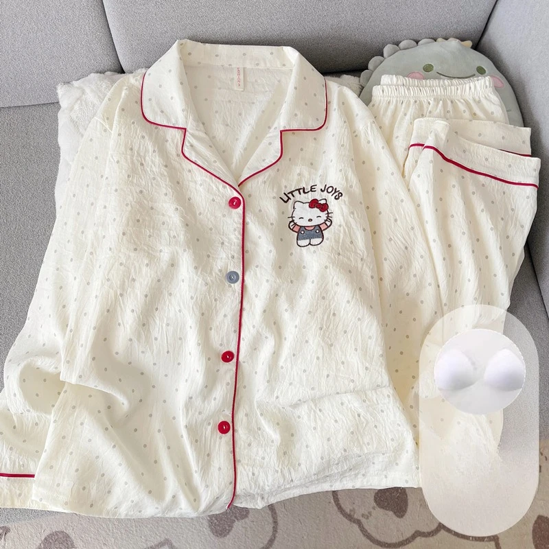 

Hello Kitty with Chest Cushion Pajamas New Round Dot Women Cloud Pure Cotton Yarn Long Sleeved Student Home Clothes Wholesale