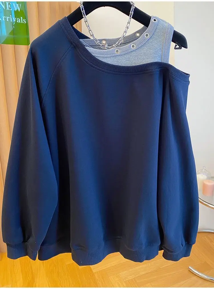 Fake Two Piece Casual Oversized Off Shoulder Sweatshirt Tops Women Designer Hollow Out Sweatshirt Fall Hoodie Jacket Outwear